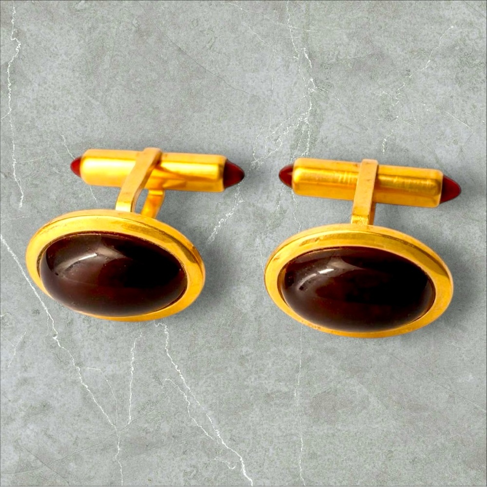 Vintage Krementz Gold Filled‎ Cufflinks Faux Ruby Cabochon Mid Century